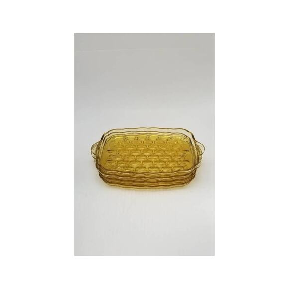 4 Vintage Federal Yorktown, Snack Tray, Amber Gold Colonial Glass Luncheon Tray - Picture 1 of 6